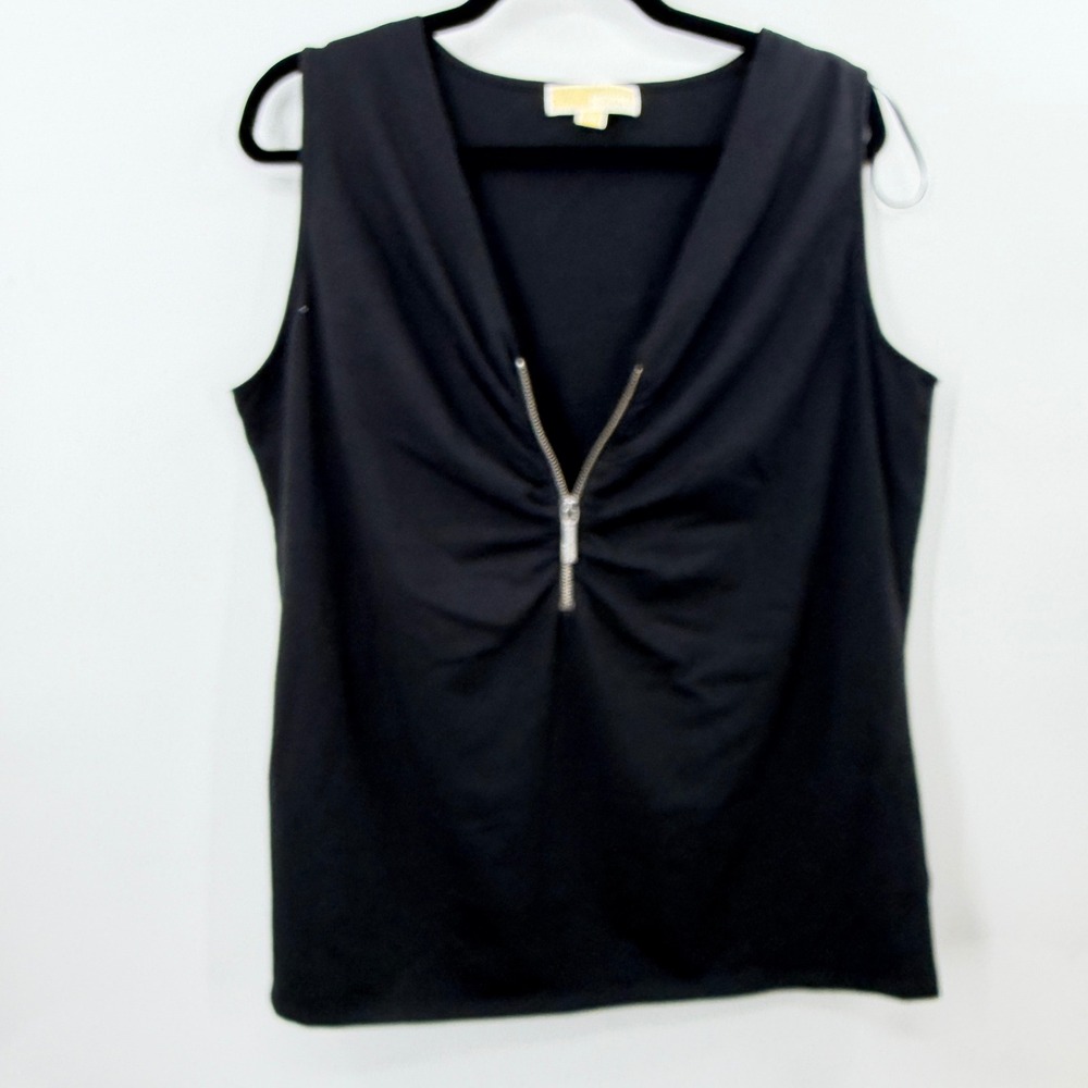Michael Kors Womens Plus 1X Black Sleeveless Half Zip Ruched V-Neck Top